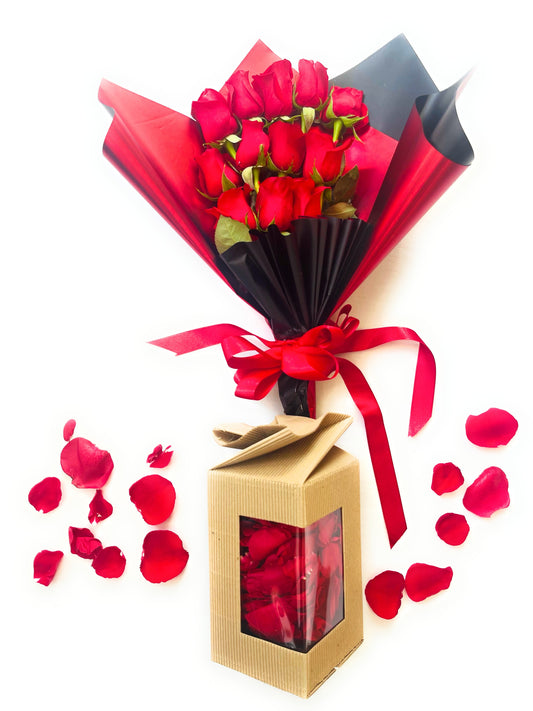 Fresh Red Rose Bouquet with Rose Petals Gift Set, Kraft Box Presentation